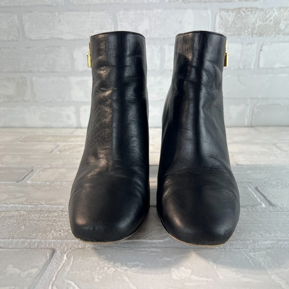 Michael‎ Kors Ankle Booties Womens 9 Black Leather Gold Zipper Lock Stacked Heel - Picture 6 of 15